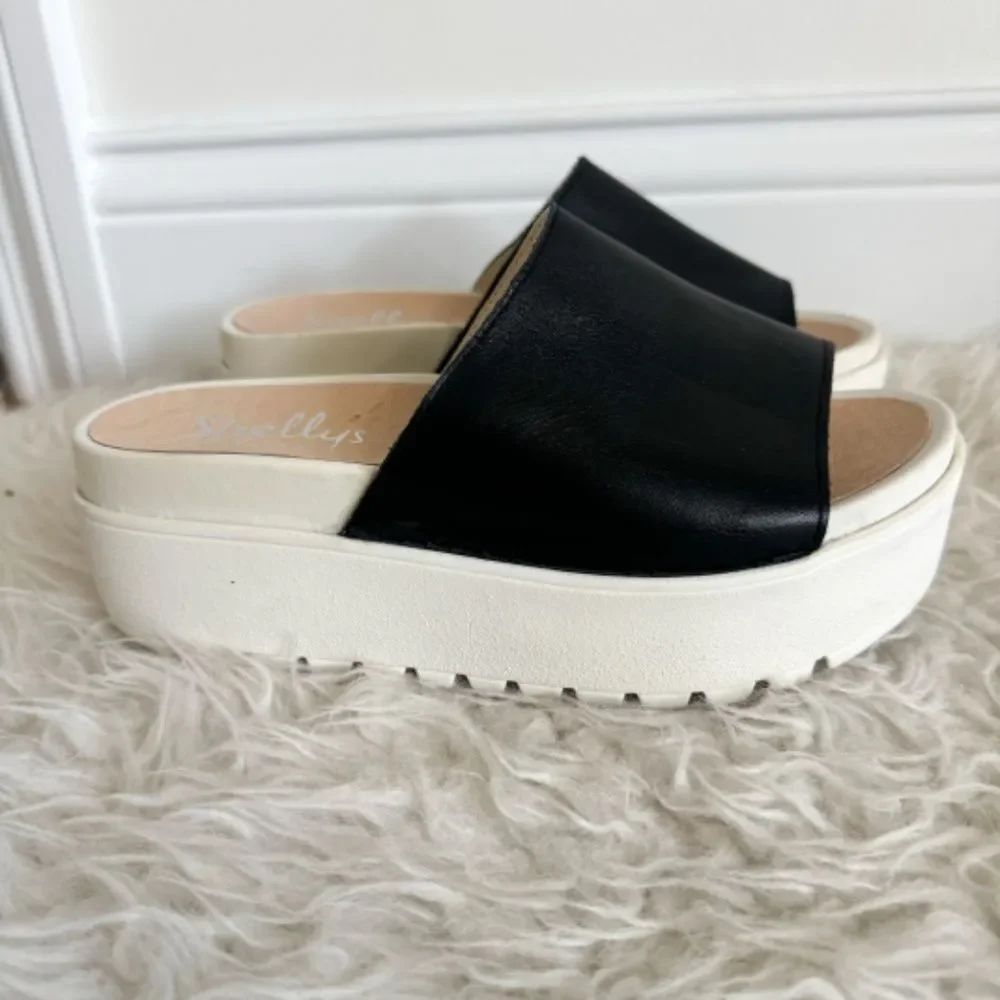 Shellys London Black Leather Platform Slide Sandal Y2K | Size 36
